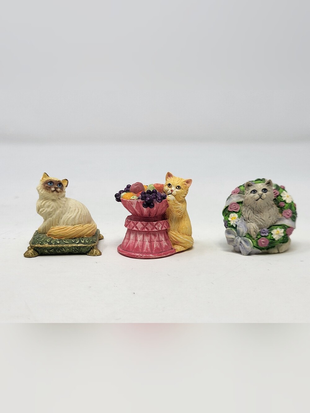 Lenox Miniature Victorian Cat Thimbles Kitty Wreath Pillow Flowers set of 3